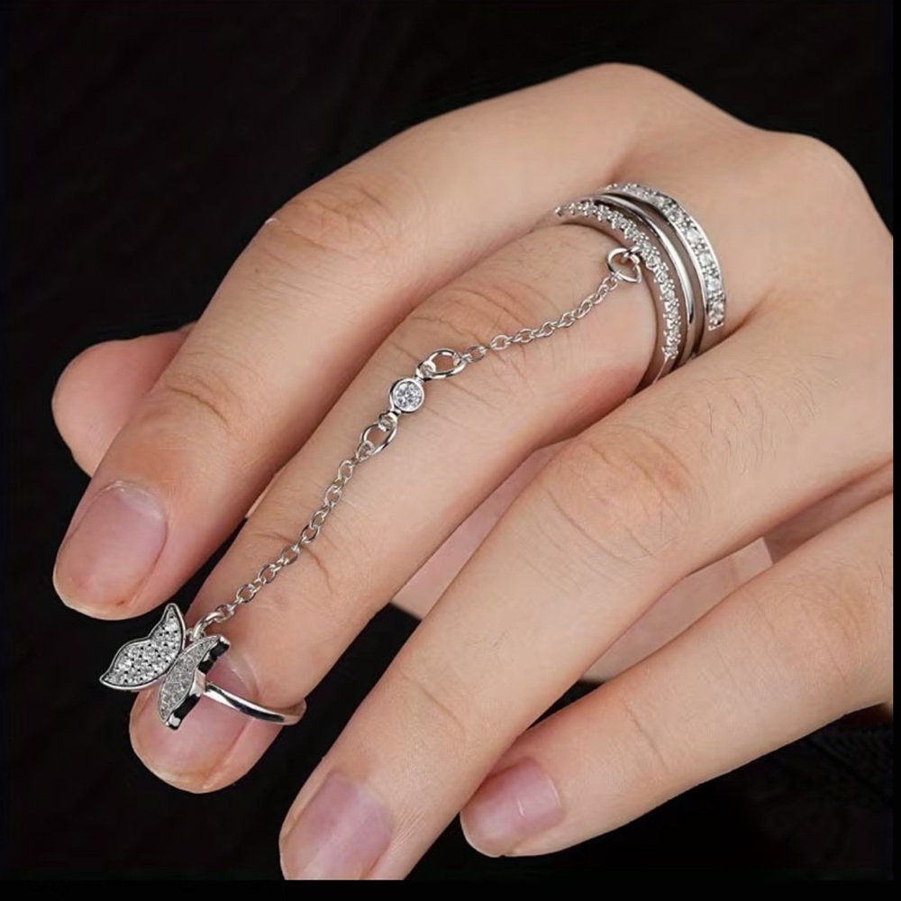 Silver Cuffed Chain Butterfly Rings
